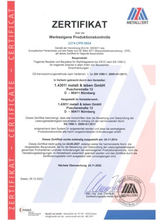 Zertifikat Werkseigene Produktionskontrolle